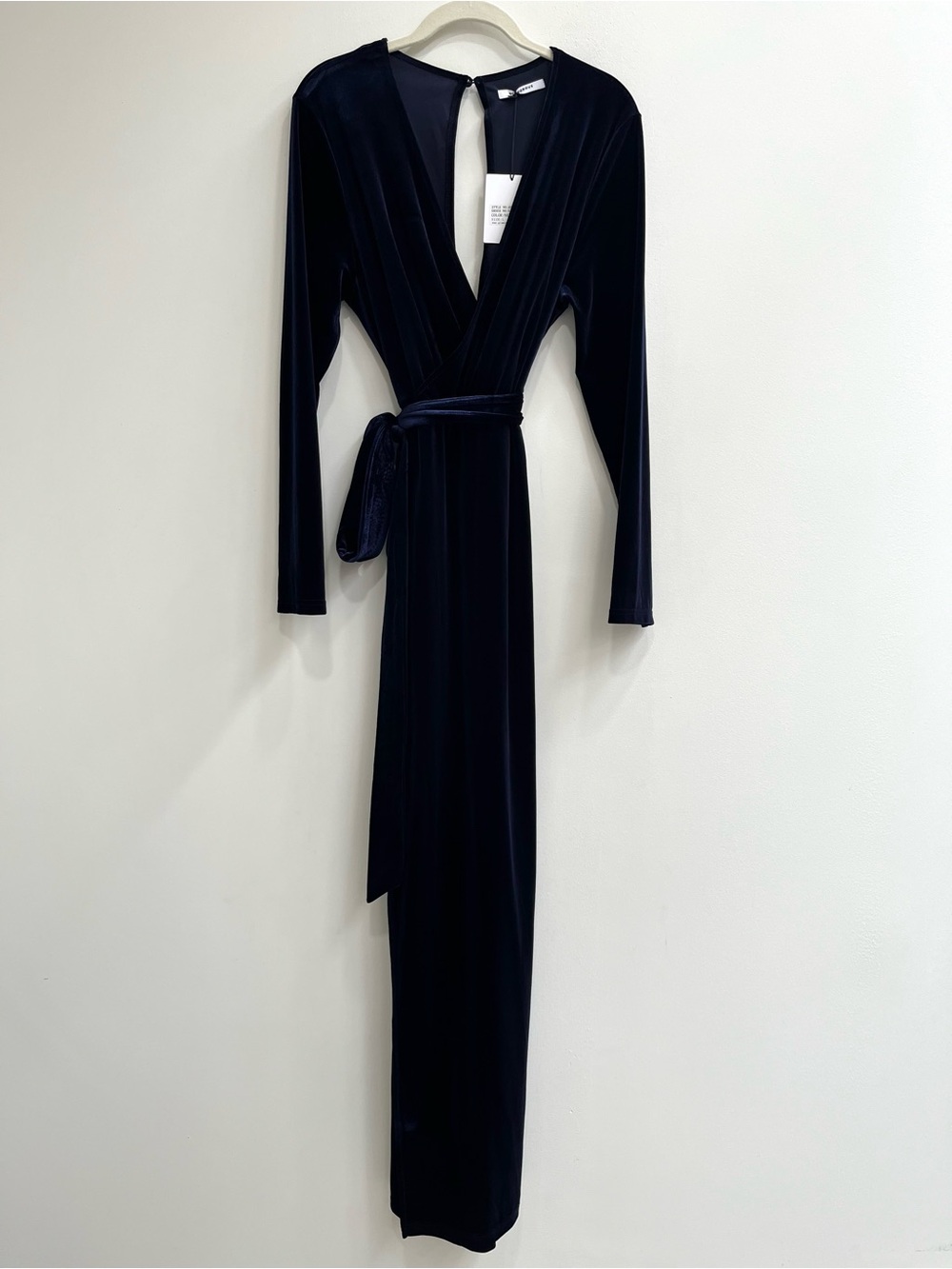 Glamorous navy blue long sleeve velvet wrap maxi dress open back size large